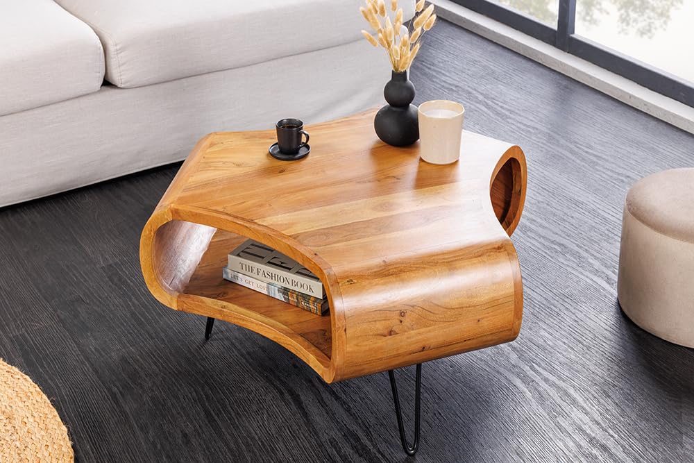 Riess Ambiente Couchtisch Organic Living 70cm - schwarz braun - Akazienholz | Massiv, Stauraum, hochwertig, individuelle Maserung, natürliche Optik, Hairpin-Design, Ablagefach, Metallgestell