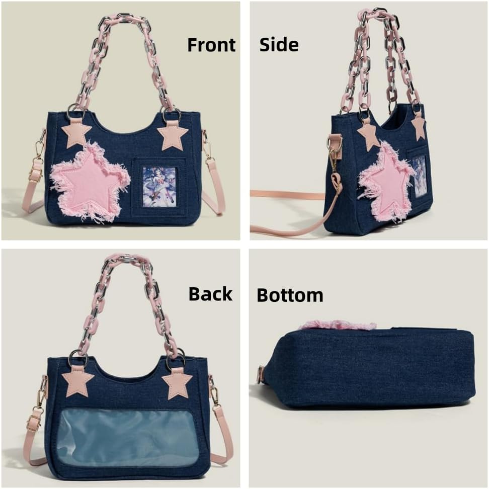 Denim Stars Kawaii Single Shoulder Crossbody Bag Ita Bag Y2k Chains Handbag Aesthetic Cute Crossbody Bag