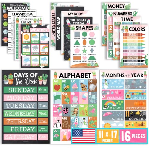 Image of Hadley Designs 16 Educational Posters for Classroom Must Haves - Laminated Pre-K Posters for Toddler Homeschool Essentials, Toddler & Preschool Learning Activities, Kindergarten Classroom Decor