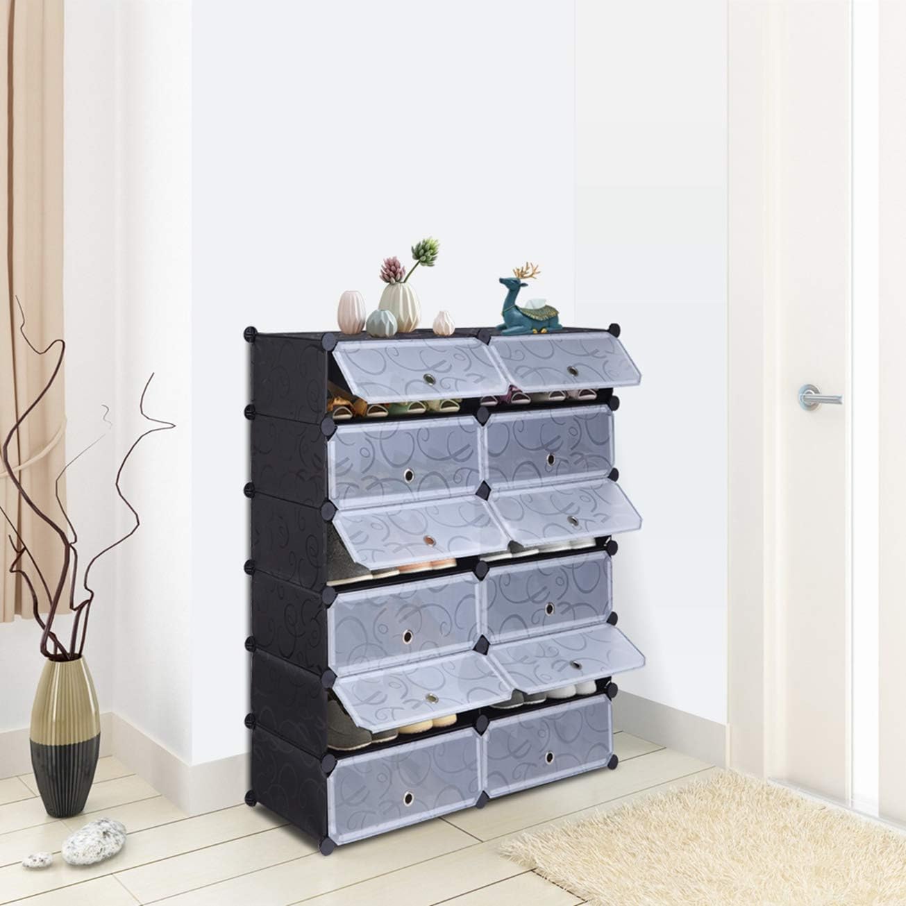 12-Cube Shoe Rack, DIY Plastic Storage Organizer,Modular Closet Cabinet with Doors Shoerack Storage Organizer MITPATY