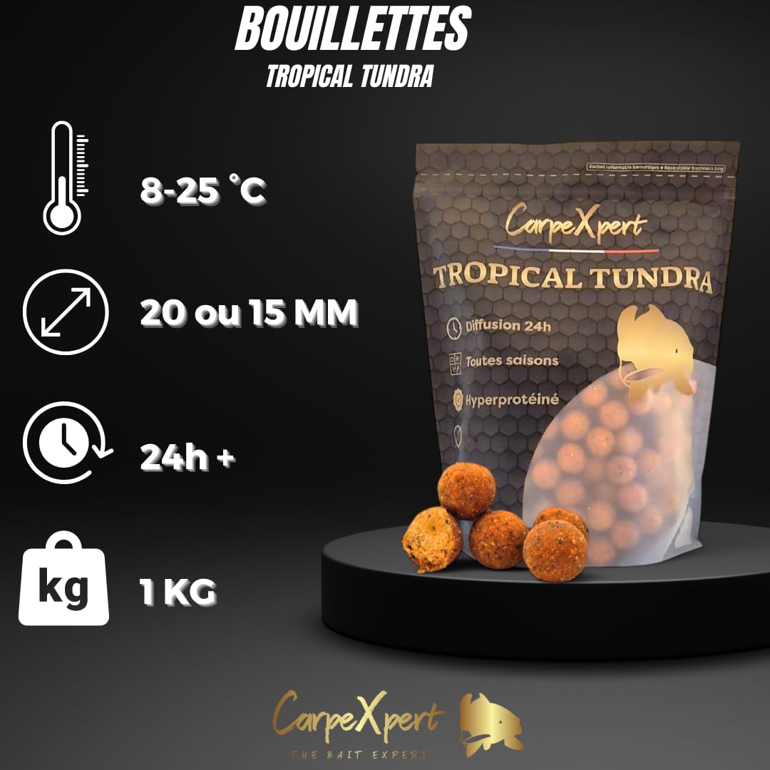 Gamme Tropical Tundra - Bouillette 20mm + Pop-Up + Bait-Spray - Fruité & Hyperprotéiné - Toutes Saisons - Appât pêche Carpe, Amorce Longue Durée, Attractant Puissant