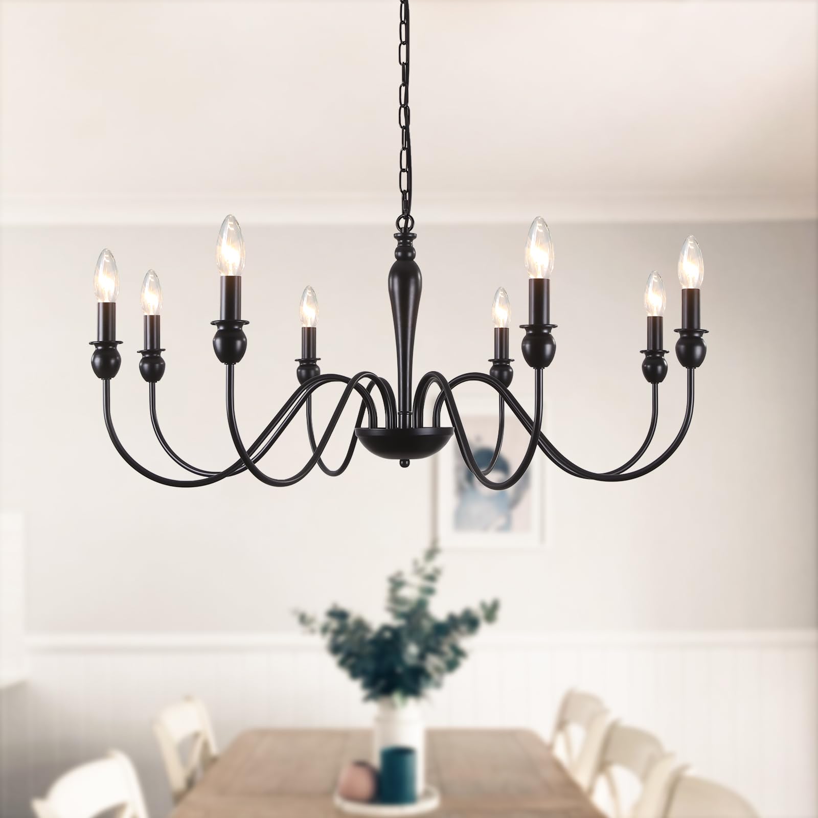 Ashuaqi 8 Lights Black Black Chandelier, 8-Light Farmhouse Chandeliers Ceiling Light, E14 Socket Pendant Light Fitting Industrial Black Ceiling Lights For Living Room, Kitchen, Hallway, Dining Room, Bedroom