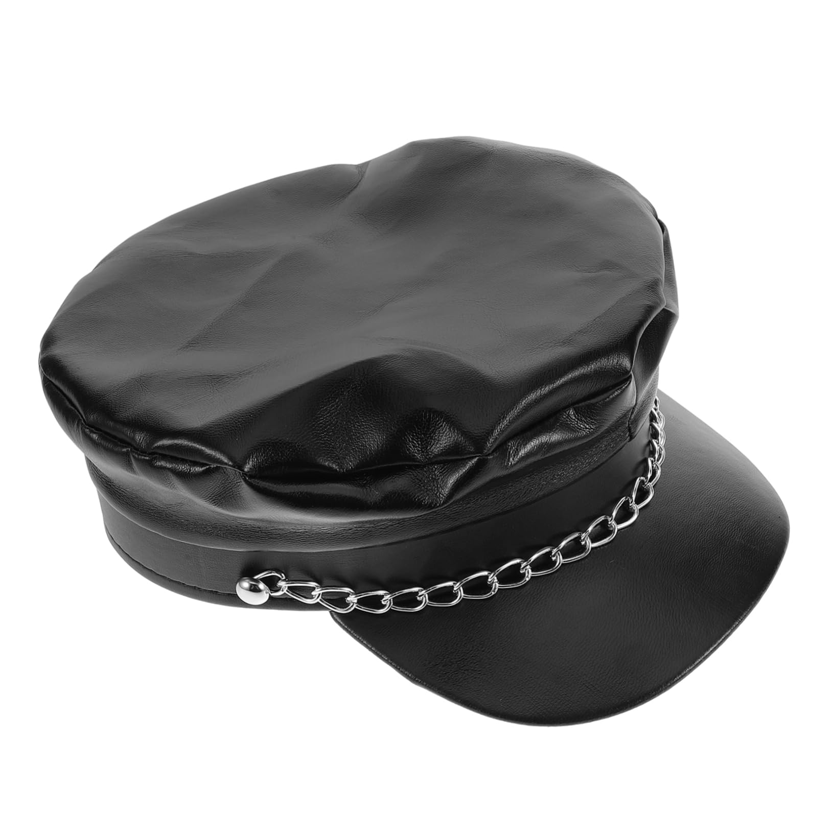 Ipetboom Pu Leather Newsboy Cap Men's Fashion Retro Bakerboy Hat Chain Sailor Beret Cabbie Hat for Men Women Black