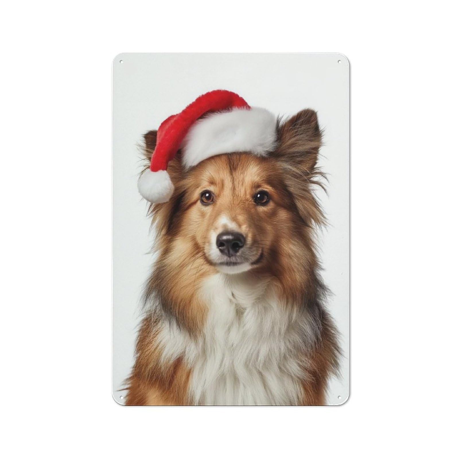 Junmoney Shetland Sheepdog With Santa Hat Portrait Printed Metal Sign 30X20cm For Kitchen Or Home Bar, For Kitchen Decor Lovers, For Retro Home Interiors