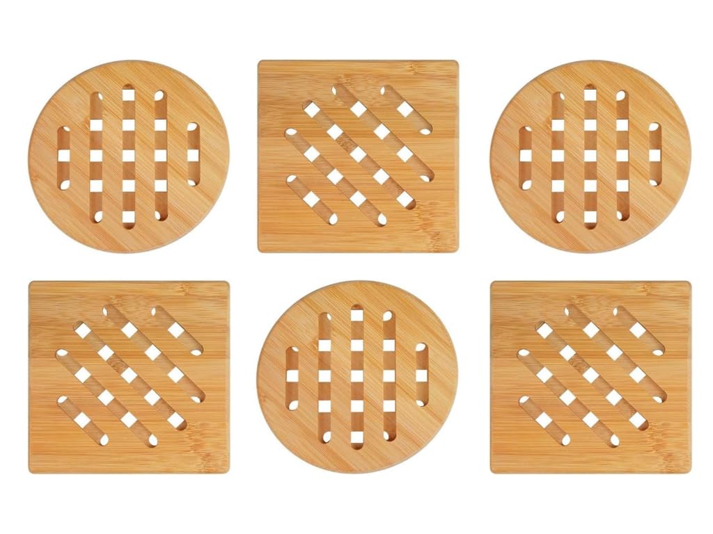 Kellegour Bamboo Set Of 6 Coasters, Pot Coaster Set, Heat-Resistant, Washable Coasters, Square And Round For Kitchen, Bowl, Pot, Pan, Can And Plates