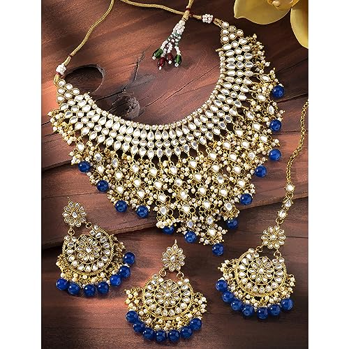 Image of Peora Kundan & Beads Studded Necklace Earrings & Maangtikka Set Ethnic Jewellery for Women & Girls
