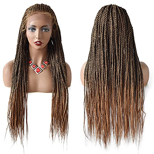 LYRICAL HAIR Afro Box Braided Wig Swiss Lace Front Updo Bun Cornrow Dutch Micro Twist Baby Hair Kanekalon Gluless Full Cap Women Lace Braids Wig (LL30115EC, #1B/27T Black Mix Blonde)