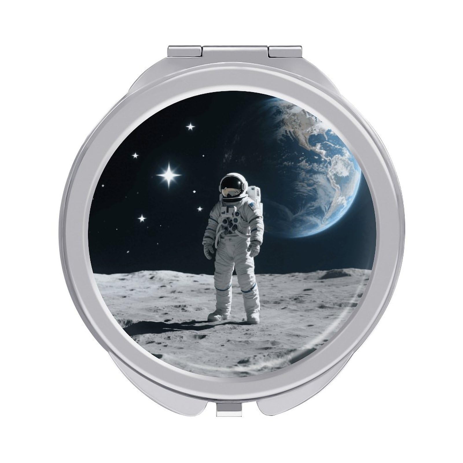 FodPand Compact Hand Mirror with 1x/2x Magnifying Round Travel Makeup Mirror Mini Foldable Astronaut on Moon Cosmetic Mirrors Travel Essentials Gift for Women Girl Portable for Pocket Purse -Silver