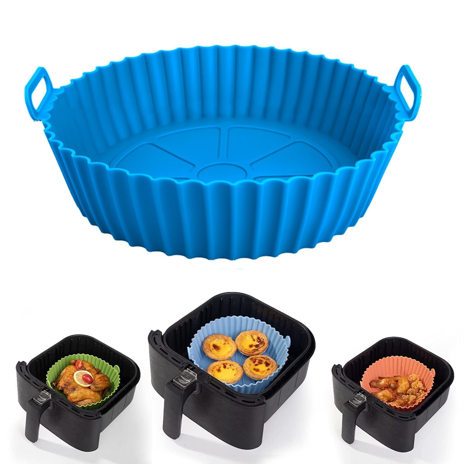 1 PCS Air Fryer Liners I Round Silicone Basket Baking Tray I Pot with Ear Handles I Nonstick Reusable Heat Resistant I Cooking Oven Insert Accessories - (Multicolor)-image-29