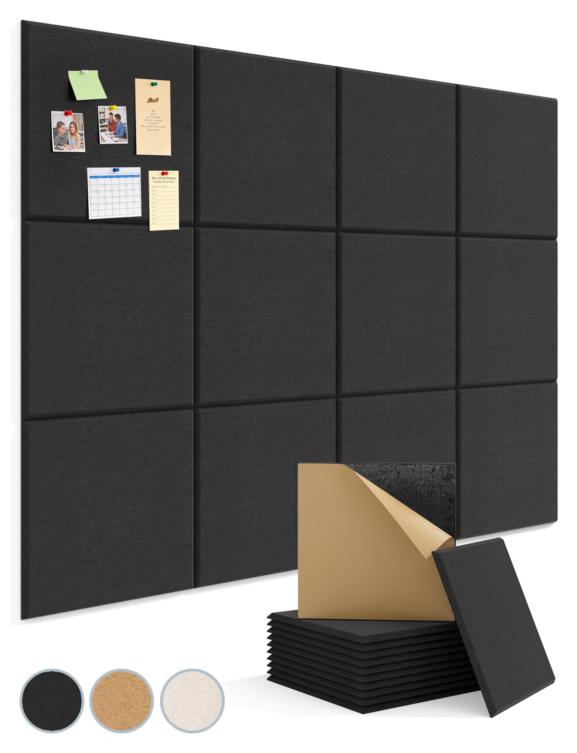 Kuchoow Cork Pin Board Large 120 x 90 cm Felt Notice Pinboard for Office Walls & Home, 12 Pack Black Self Adhesive Decorative Bulletin Mood Board Corkboard for for Bedroom, Display, Memo, Photo