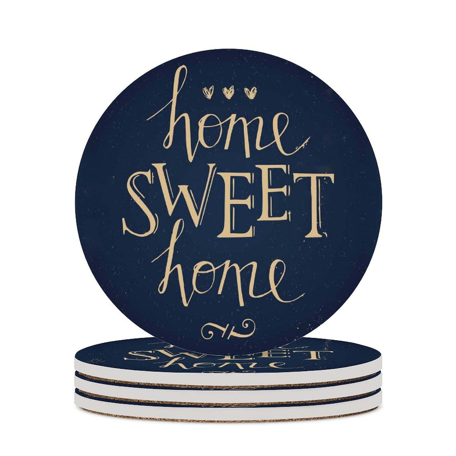 Hedyzone Coasters for Drinks Vintage Home Sweet Home Navy Blue, Set of 4, 4 inch Absorbent Diatomite Ceramics Coasters with Cork Base, Tabletop Protection, Suitable for Dining Tables, Desks