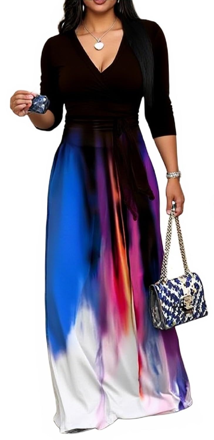 Women's Church Maxi Wrap V Neck 3/4 Sleeve Tie Waist Plus Size Long Dress