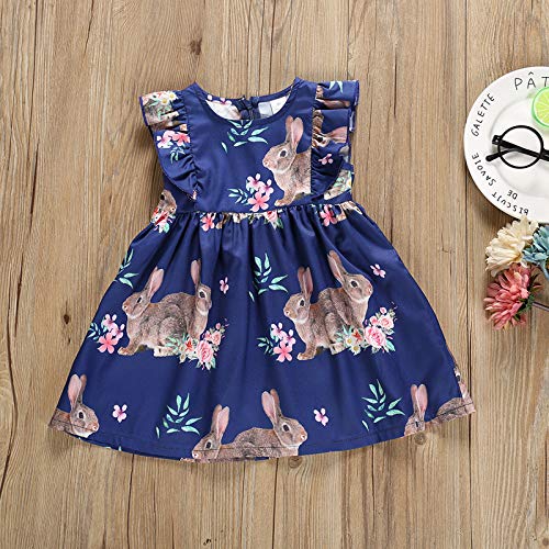 Toddler Infant Baby Girls Easter Princess Dresses Bunny Pattern Ruffle Sleeve Overall Dress Comfort Soft Spring Clothes Dark Blue