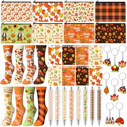 32 Pcs Fall Gifts Set Autumn Makeup Bags Bulk Pumpkin Socks Holiday to Do List Notepad Turkey Ballpoint Pens Keychain Thanksgiving Party Gifts