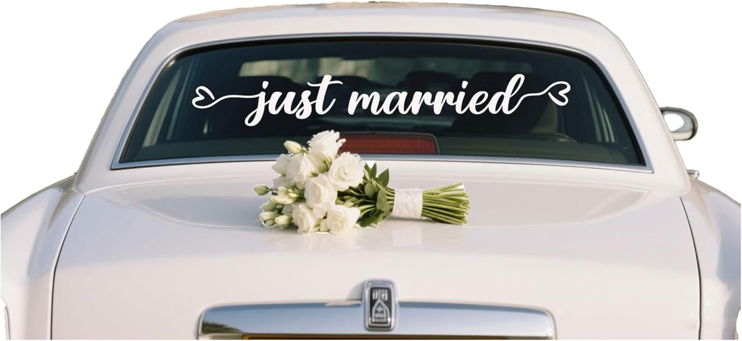 Just Married Vinyl Decal – White Wedding Car Sticker, 28 x 3.8 inch, Just Married Car Window Decal for Newlyweds, Waterproof Wedding Decoration for Rear Windshield or Bumper.