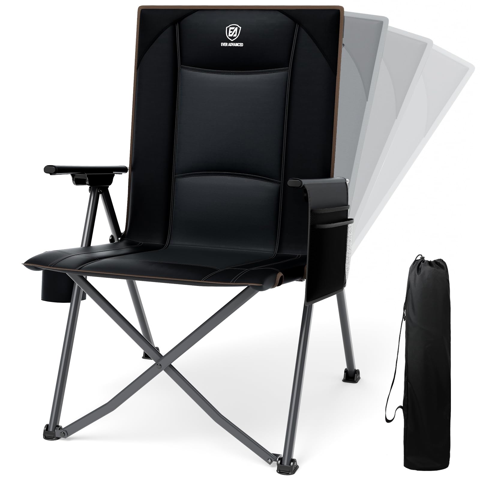EVER ADVANCED Luxury Camping Chair Folding for Adults Heavy Duty 350lbs, Garden Chair Reclining Padded with Cup Holder Side Pocket, Foldable with 4-Position Adjustable Back, Black