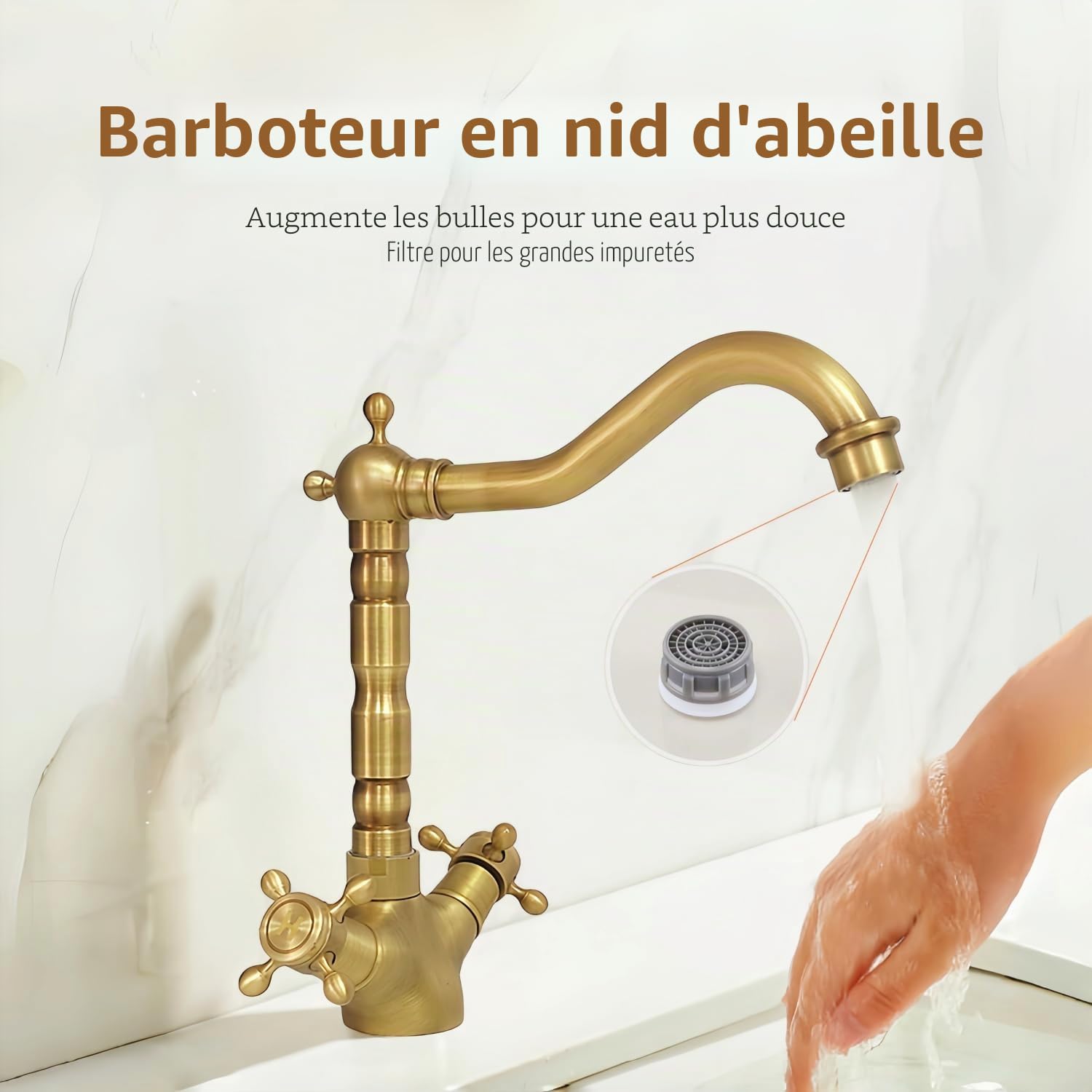 Robinet Cuisine Évier en Laiton Antique, Rétro Mitigeur Lavab | Vintage mélangeur monocommande à deux poignées, pivotant à 360°, cartouche céramique, pour cuisine et salle de bain