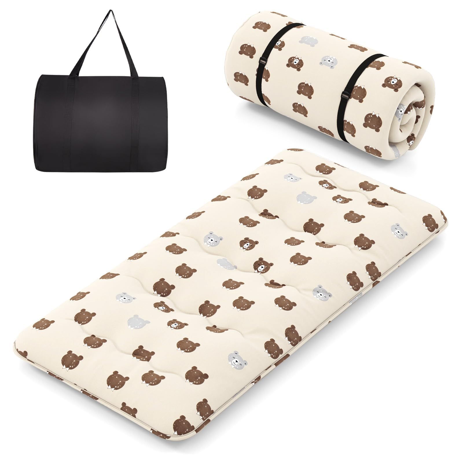FANTASK Tappeto Tatami con rivestimento lavabile, materasso giapponese Futon da pavimento, pieghevole, con borsa per il trasporto, 90 x 200 cm (orso marrone)