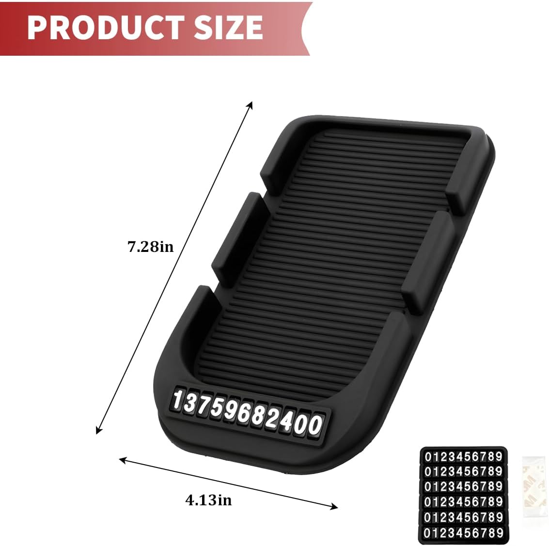Car Dashboard Anti-Slip Mat Phone Holder, Multifunctional Double-Groove Vehicle Dash Sticky Pad with Number Plate, Auto Dashboard Non-Slip Mat Cellphone Stand, Universal Fit (Black)