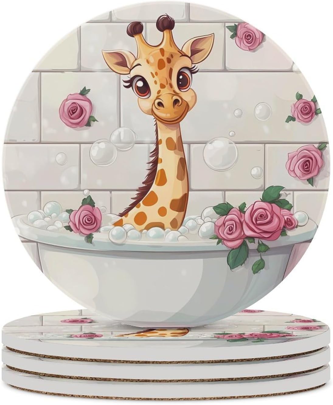 Funny Bathroom Giraffe Coasters for Drink Round Ceramic Coaster with Cork Base Home Decorative 4PCS