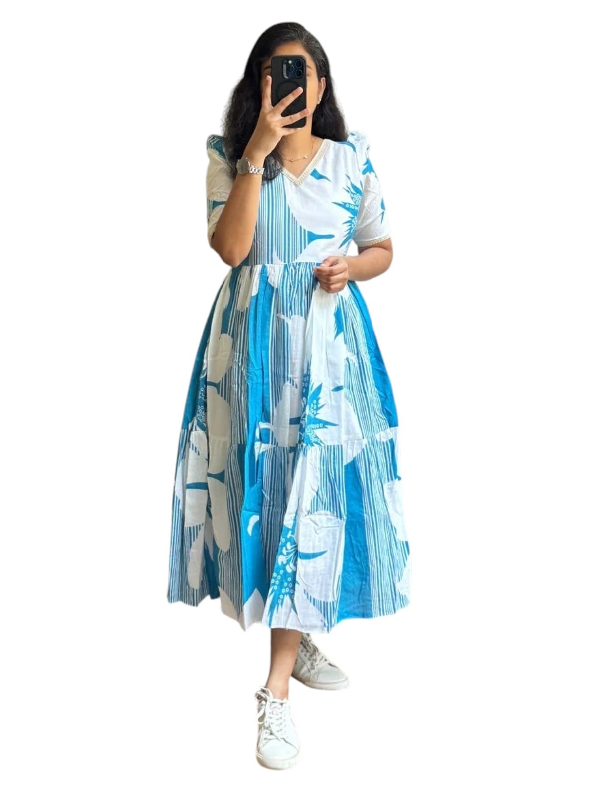 Women's Floral Print Midi Dress, Blue and White, V-Neck, Short Sleeves, Tiered Flared Skirt-picture-32