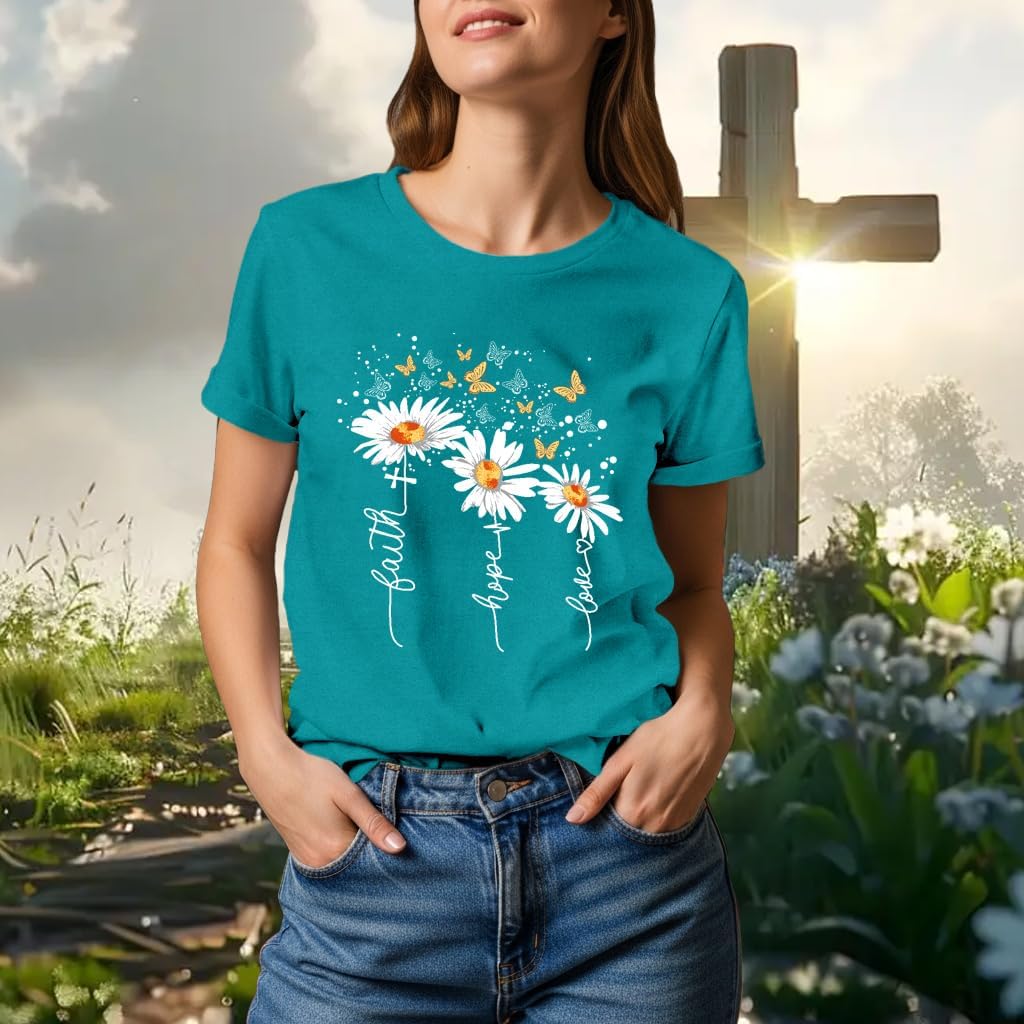 Christian Shirts for Women Daisy Floral T-Shirt Faith Hope Love Tee Butterfly Tops - Image 2