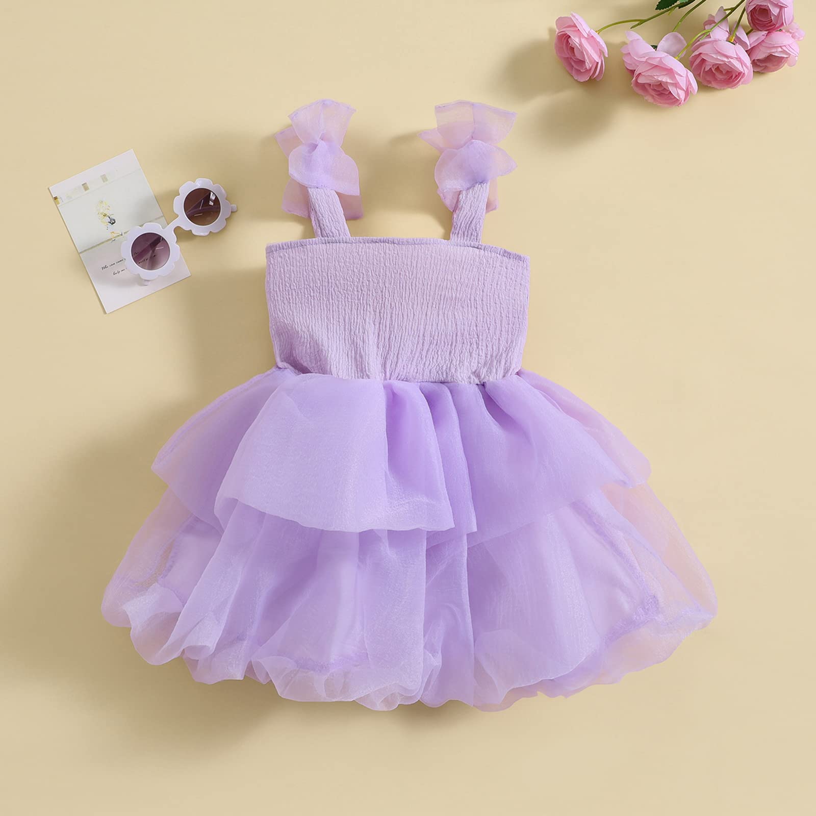 KMBANGI Kid Toddler Girls Summer Dress Solid Color Tulle Sleeveless Suspender A-Line Bow Princess Dress Birthday Photo Shoot (Purple, 2-3 Years)
