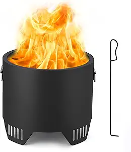16in Outdoor Iron Smokeless Fire Pit, Low Smoke Outdoor Mini Fire, Outside Bonfire for Backyard, Camping, Picnics, with Firehook, Handle
