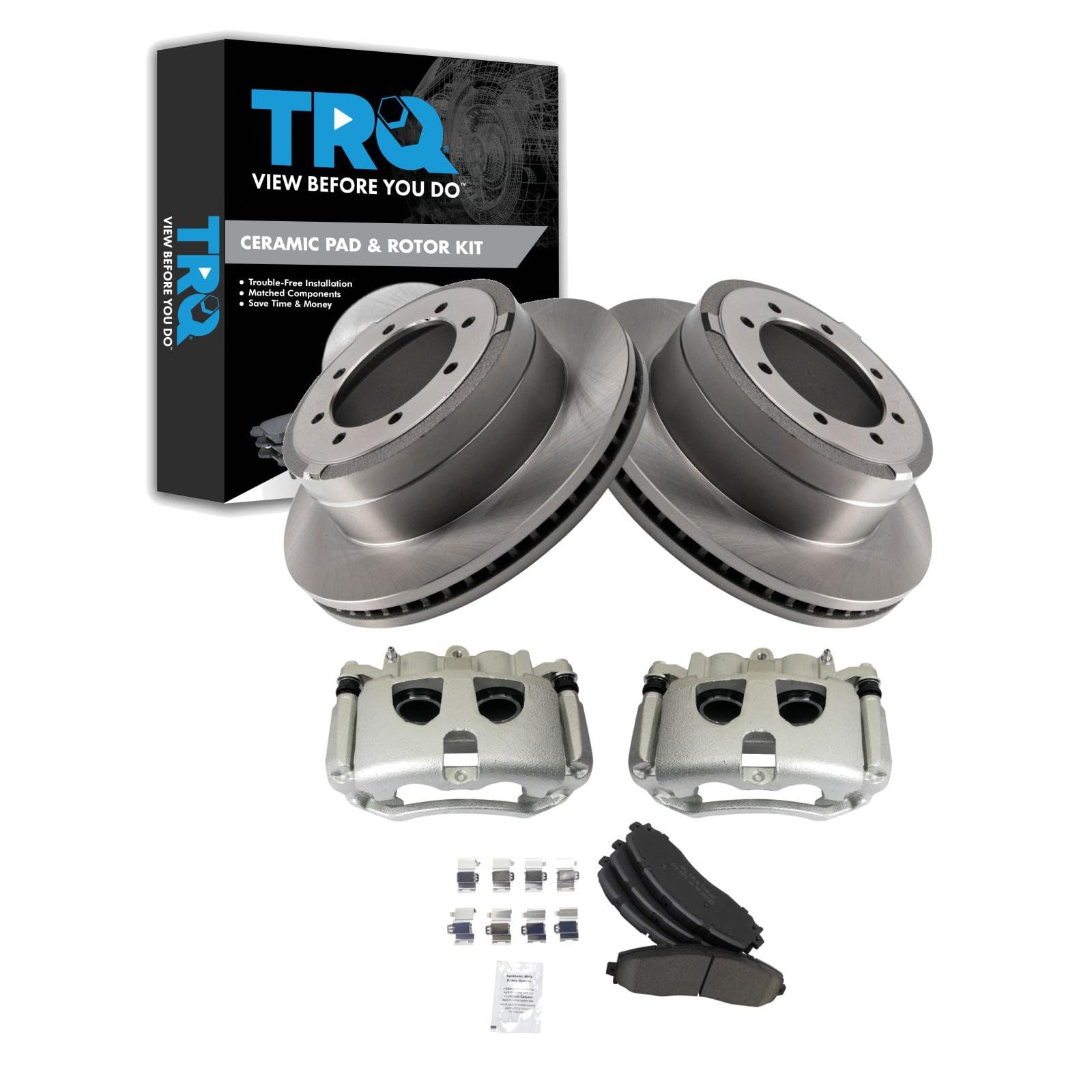 TRQ Rear Brake Pad, Caliper, &amp; Rotor Kit Ceramic Compatible with 2013-2019 Ford F-350 Super Duty 2013-2014 F-450 Super Duty
