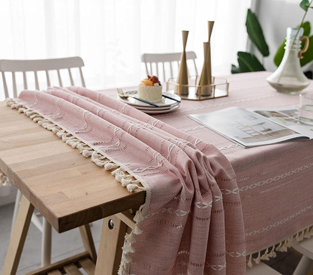 Rectangle Cotton Linen Tablecloth With Tassels - Washable Wrinkle Resistant For Dining, Kitchen, Coffee Table, Outdoor (Pink, 130x260cm)