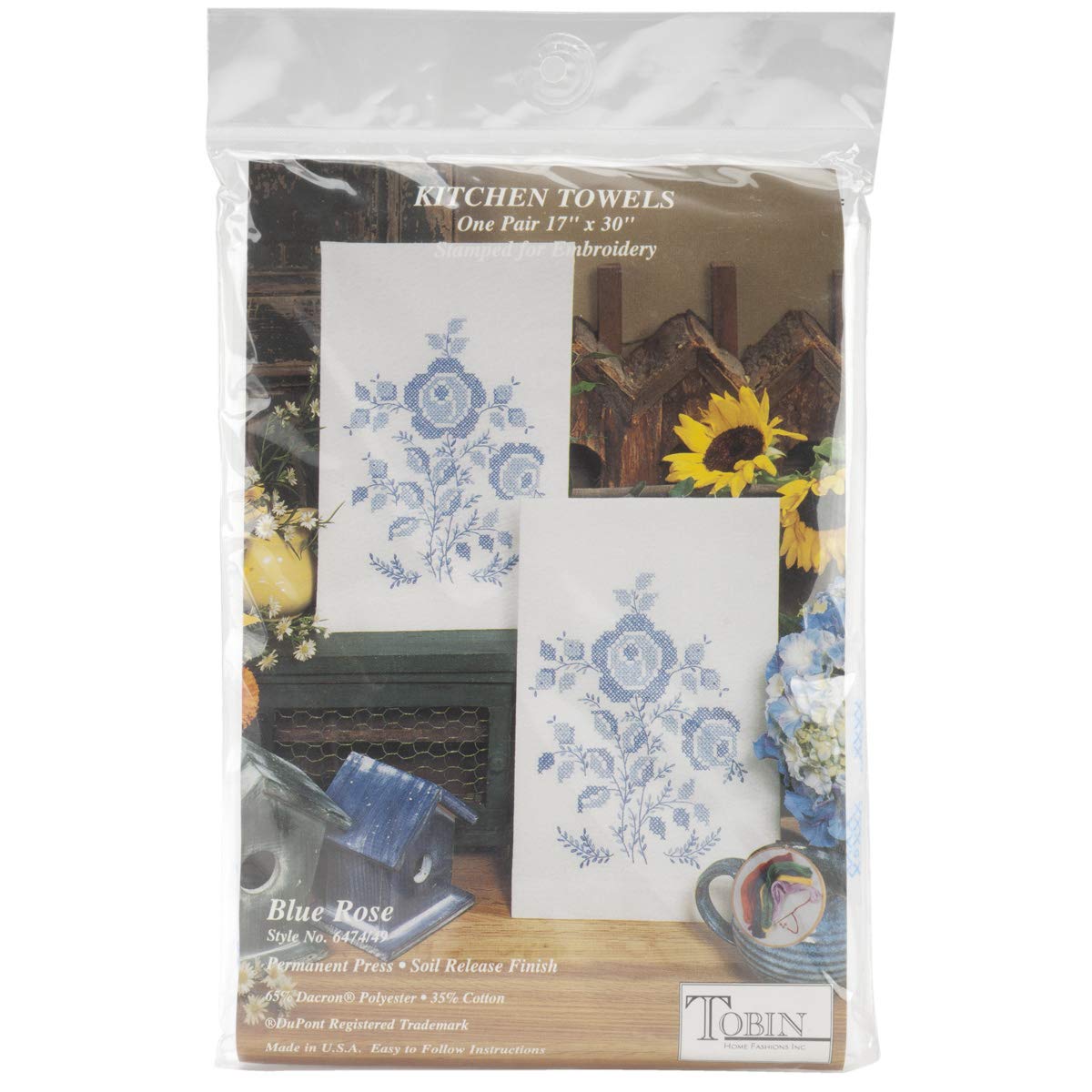 Blue Rose Stamped for Embroidery Kitchen Towels Kit - Set of 2