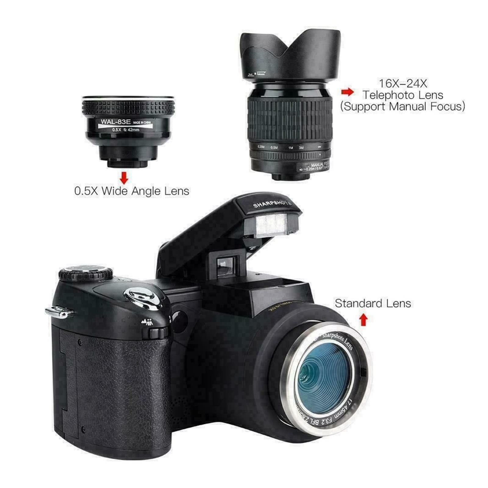 Fotocamera digitale, Fotocamere per la fotografia, Obiettivo grandangolare for videocamera HD da 33 MP + teleobiettivo 24X + LED + set treppiede Portatile per i viaggi e buona durata della batter(Type