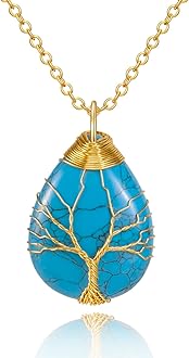 VIBILIA Healing Crystal Necklace Tree of Life Wire Wrapped Natural Stone Point Pendant Necklace Hexagonal Reiki Spiritual Quartz Gemstone Jewelry for Women Men