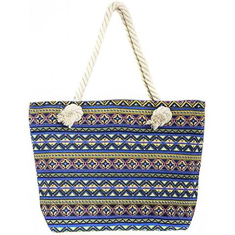 Leisureland Canvas Tote Beach Bag, Rope Handle Water Resistant Shoulder Bag (L17"xH13"xW4", Aztec Blue) Cover