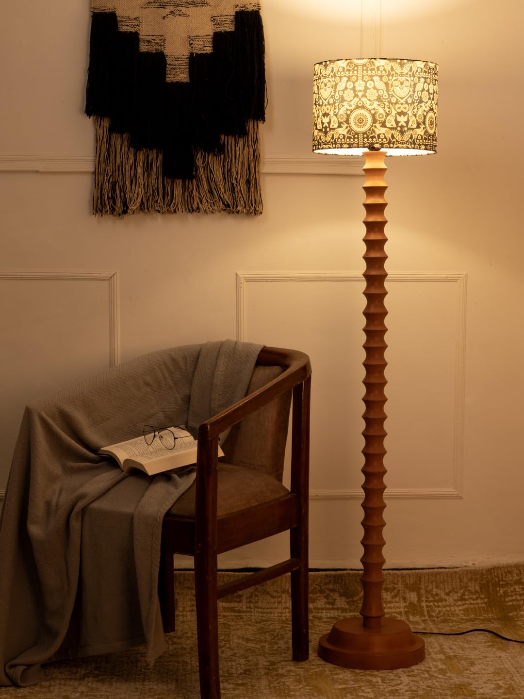 Green Girgit Wooden Mud Color Floor Lamp with Indian Art Multicolor Lamp Shade, Decorative Floor Lamp with Spiral Stand, Black and White Pattern Shade, Terracotta Color Wooden Base (LED Bulb Included)-image-48
