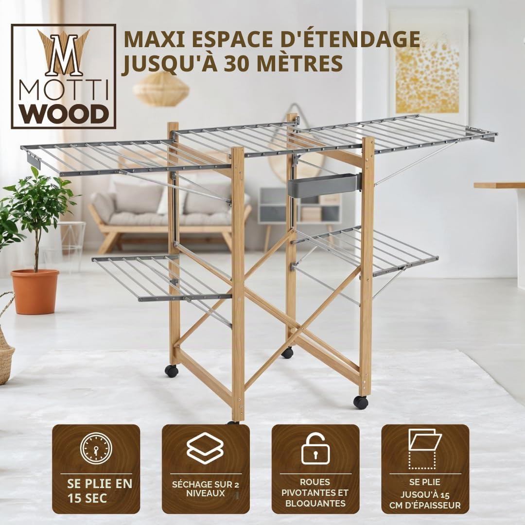 Séchoir à linge pliable XXL, 4 ailes latérales, maxi étendoir repliable et gain de place, 25 kg de linge, étendoir à linge intérieur et extérieur, 176 x 60 x 104 h cm, 4 roues pivotantes