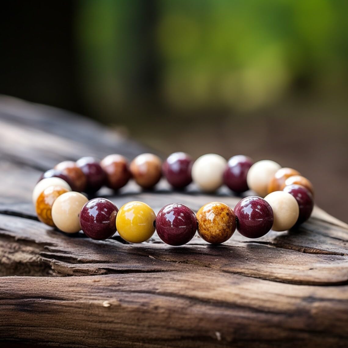 Mookite - Braccialetto in stile bohémien, realizzato a mano, con pietre semipreziose naturali da 10 mm, con perline rotonde lisce da 10 mm, braccialetto regolabile per meditazione spirituale, unisex,