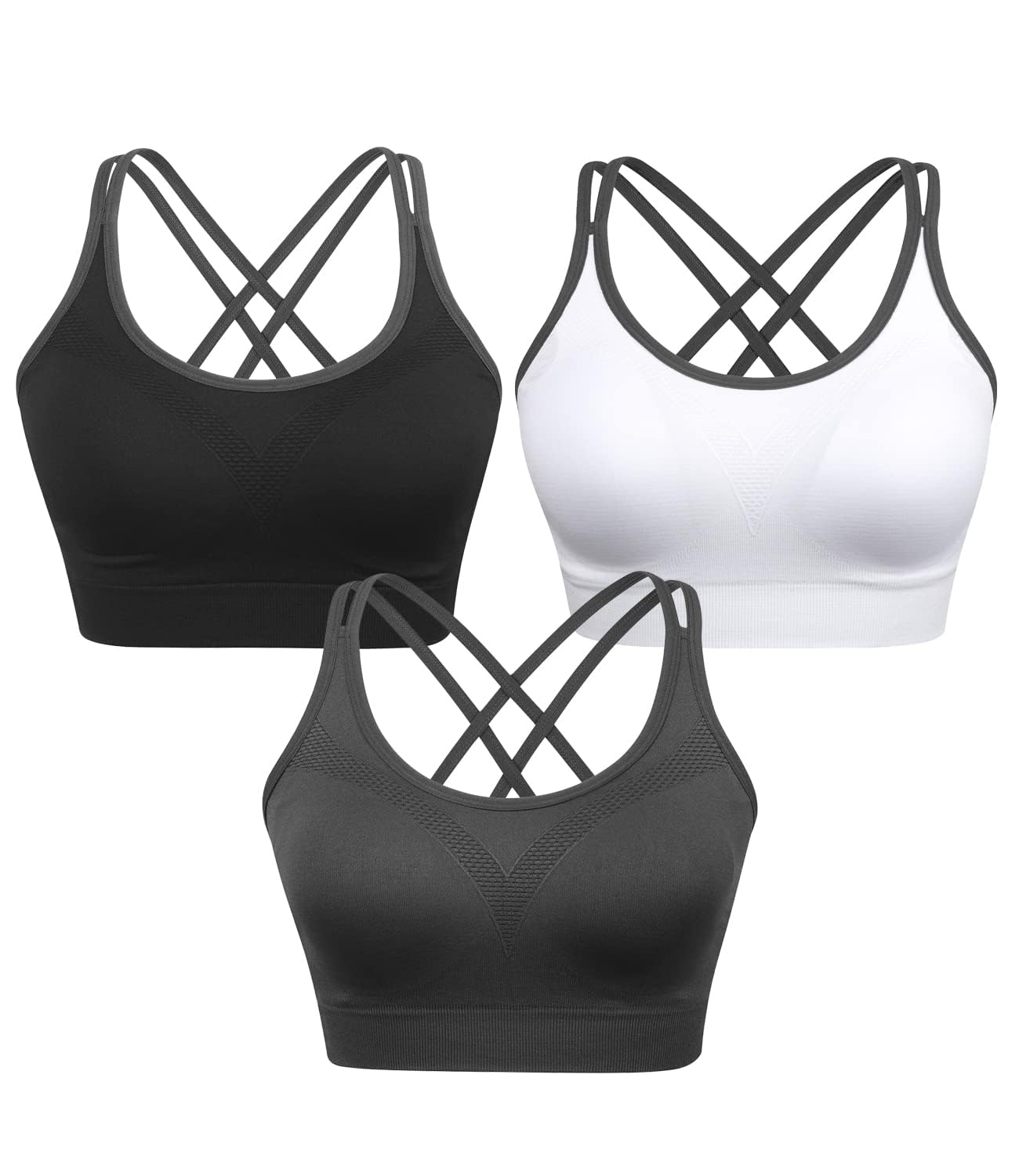 VEQKING Strappy Womens Sports Bras Cross Back for Running Removable Padded Workout Yoga Bras Pack Gifts