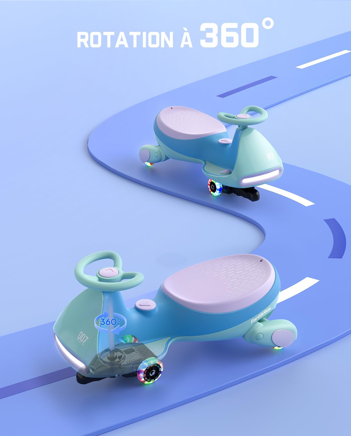 FanttikRide 12V N7 Pro Voiture Électrique Enfants, Anti-Bascule, Ergonomique, 2 en 1, 2 Vitesses, Roues Clignotantes, Bluetooth, Chargement Type C, pour Enfants à Partir de 3 Ans,Bleu Glacier.