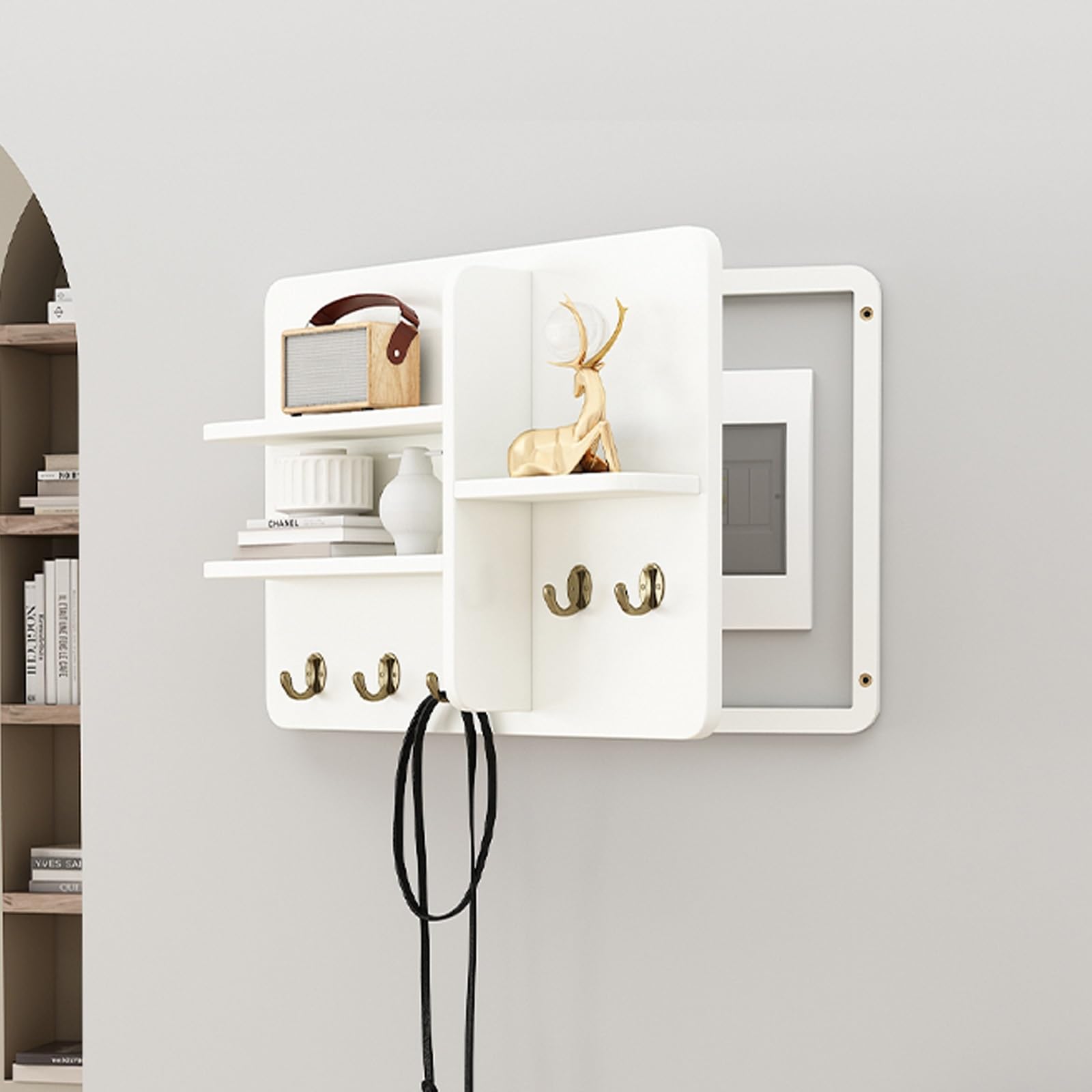 HARELA Meter Box Decorative Painting Electrical Panel Cover, Wooden Decorative Fuse Box Covers with Shelves and Hooks, Breaker Box Cover Great for Home Decor(White,40x30cm/15.7x11.8in)