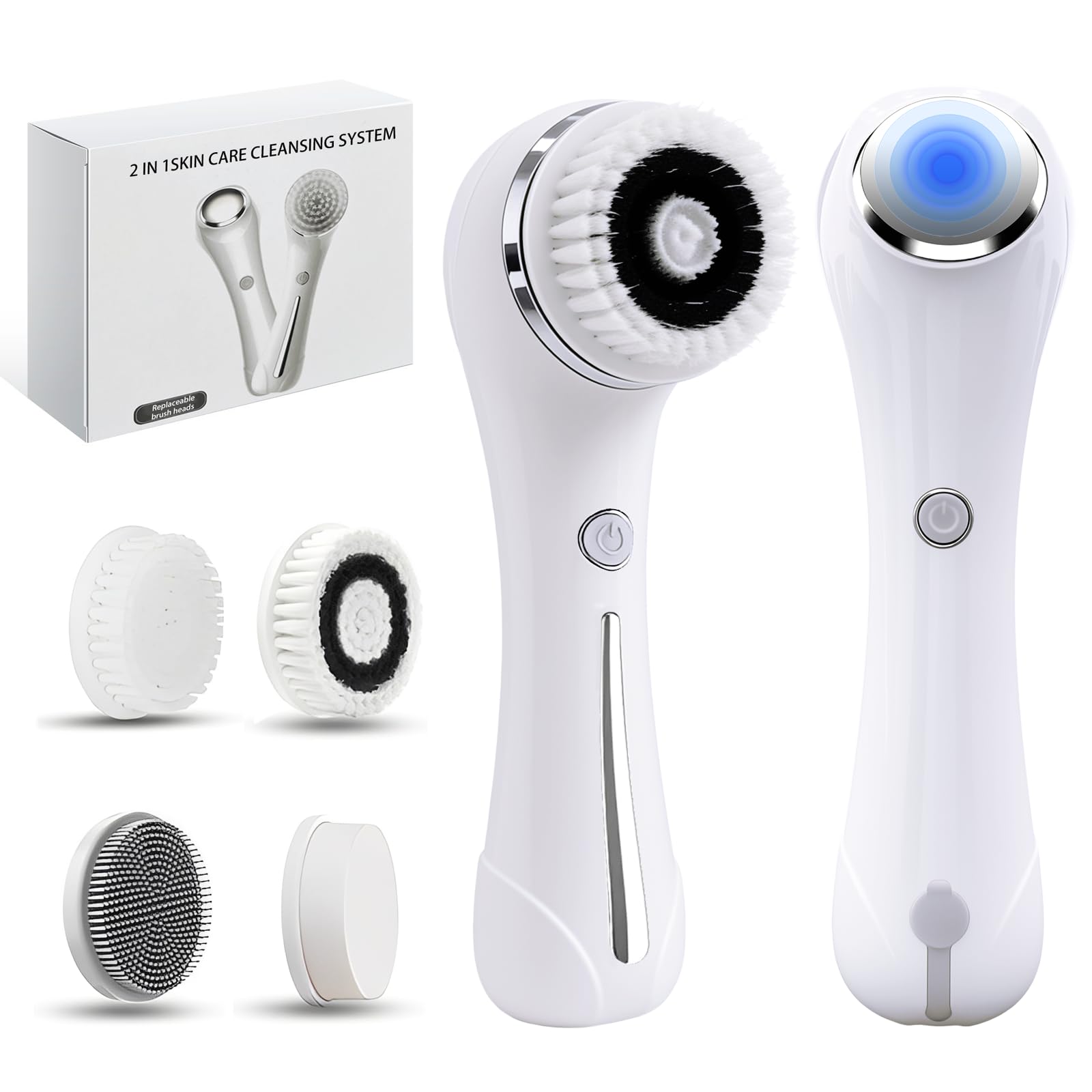 Brosse Nettoyante Visage, 2 en 1 Massage Visage avec 4 Embouts pour Nettoyer Le Visage en Profondeur, IPX7 Imperméable Brosse Électrique Visage, 2 Réglages de Vitesse