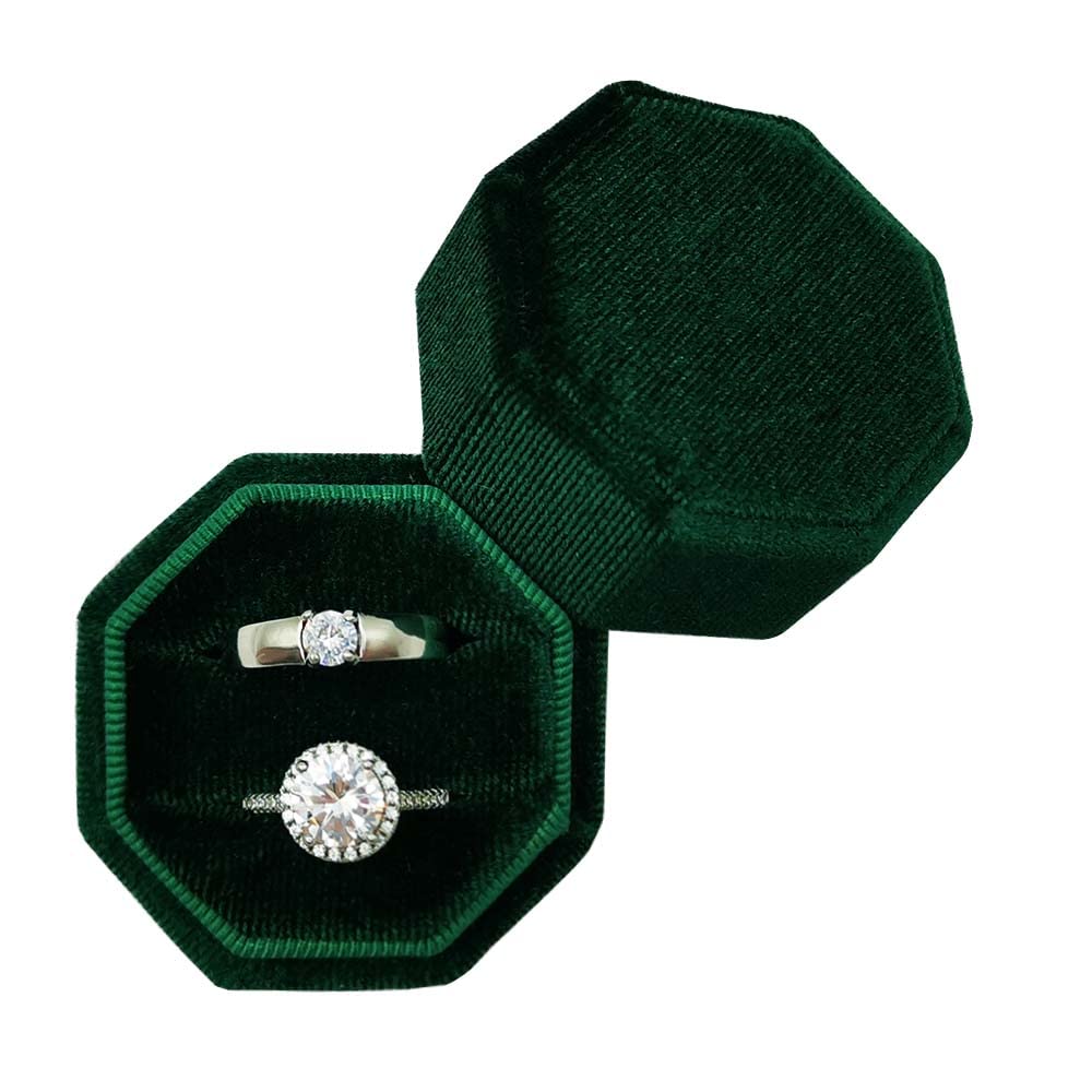 Beatilog Velvet Ring Box - Octagon Premium Vintage Wedding Ring Holder Handmade Double Ring Bearer Jewelry Display Organizer for Proposal, Engagement, Ceremony, Christmas, Photography (Emerald)