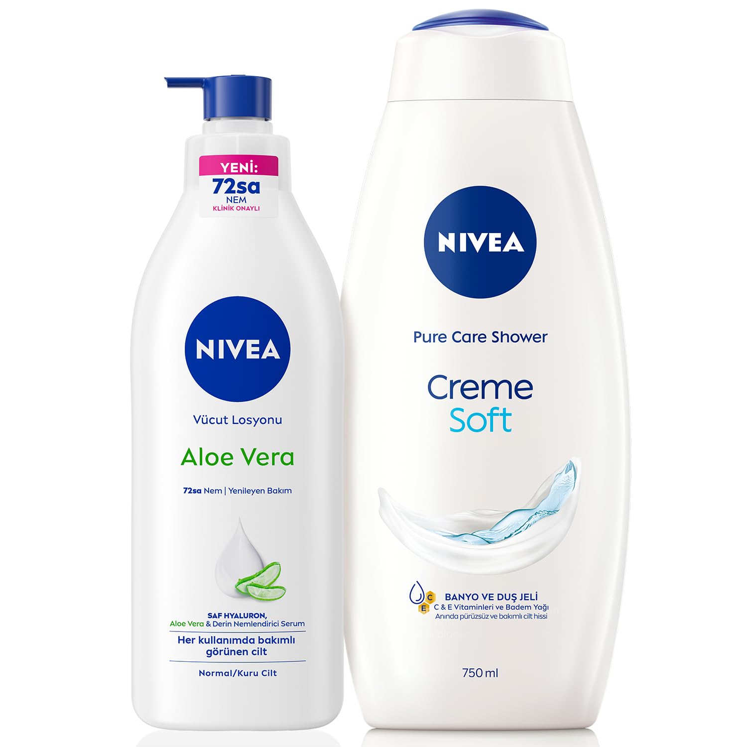 NIVEA Vücut Losyonu Aloe Vera 400 ml, Normal ve Kuru Ciltler için,72 Saat Nemlendirici,Hyaluron,Aloe Vera,Yenileyici Bakım + NIVEA Creme Soft Kremsi Dokunuş Banyo Ve Duş Jeli 750 ml