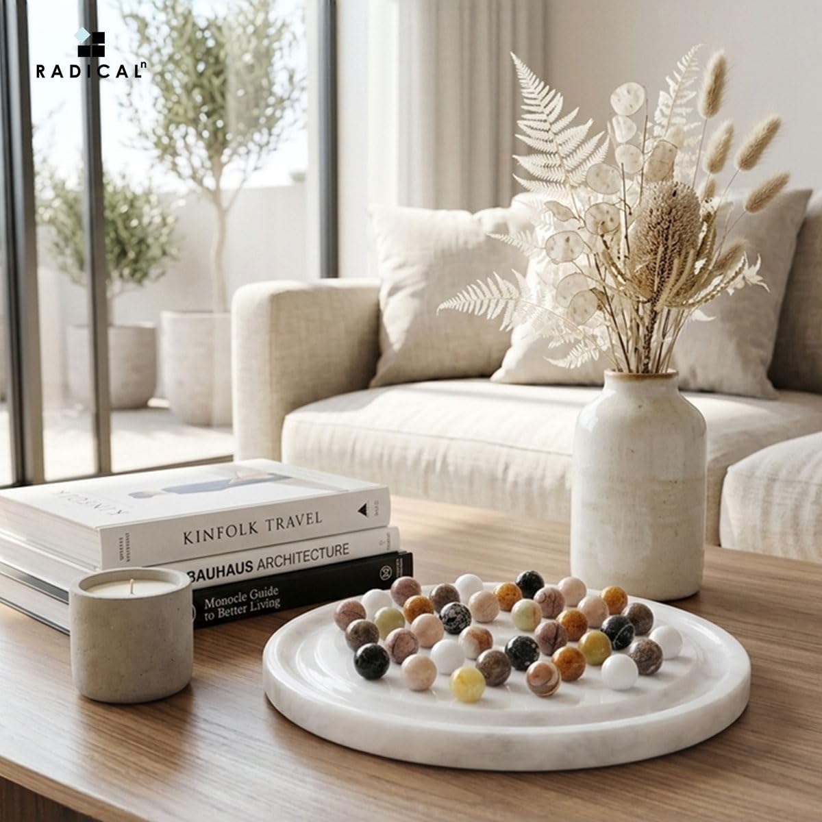 Marble Solitaire Game 10" Inch White Handmade Peg Solitaire Board Game with Marbles, Classic Marble Puzzle Game for Adults, Modern Tabletop Brain Teaser