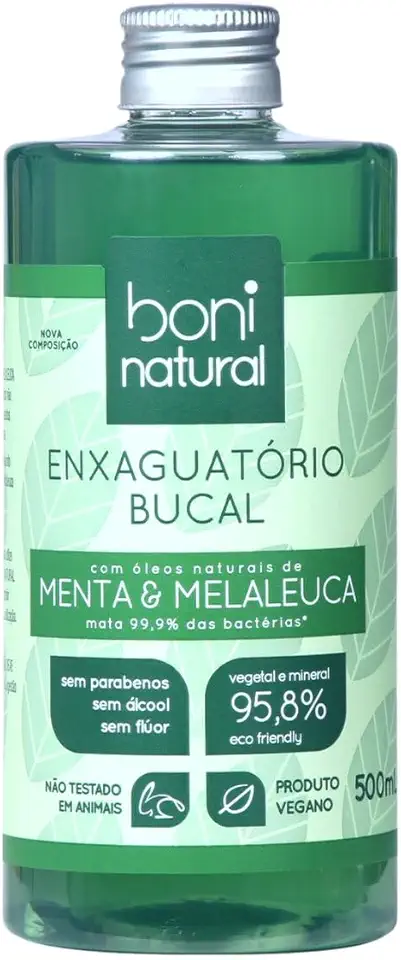 Enxaguante Bucal Natural e Vegano, Sem Flúor, Zero Álcool, Sem Parabeno, Menta e Melaleuca, Boni Natural, Verde, 500ml