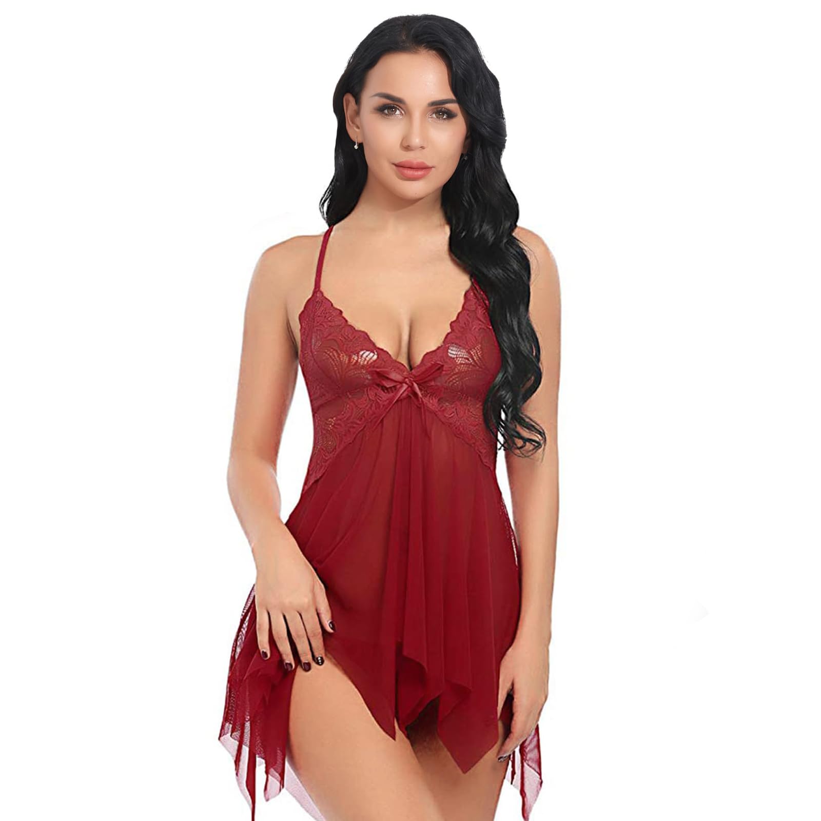 Womens Sexy Lace Lace Chemise Nightwear Sleepwear Set V Neck Babydoll with G-String