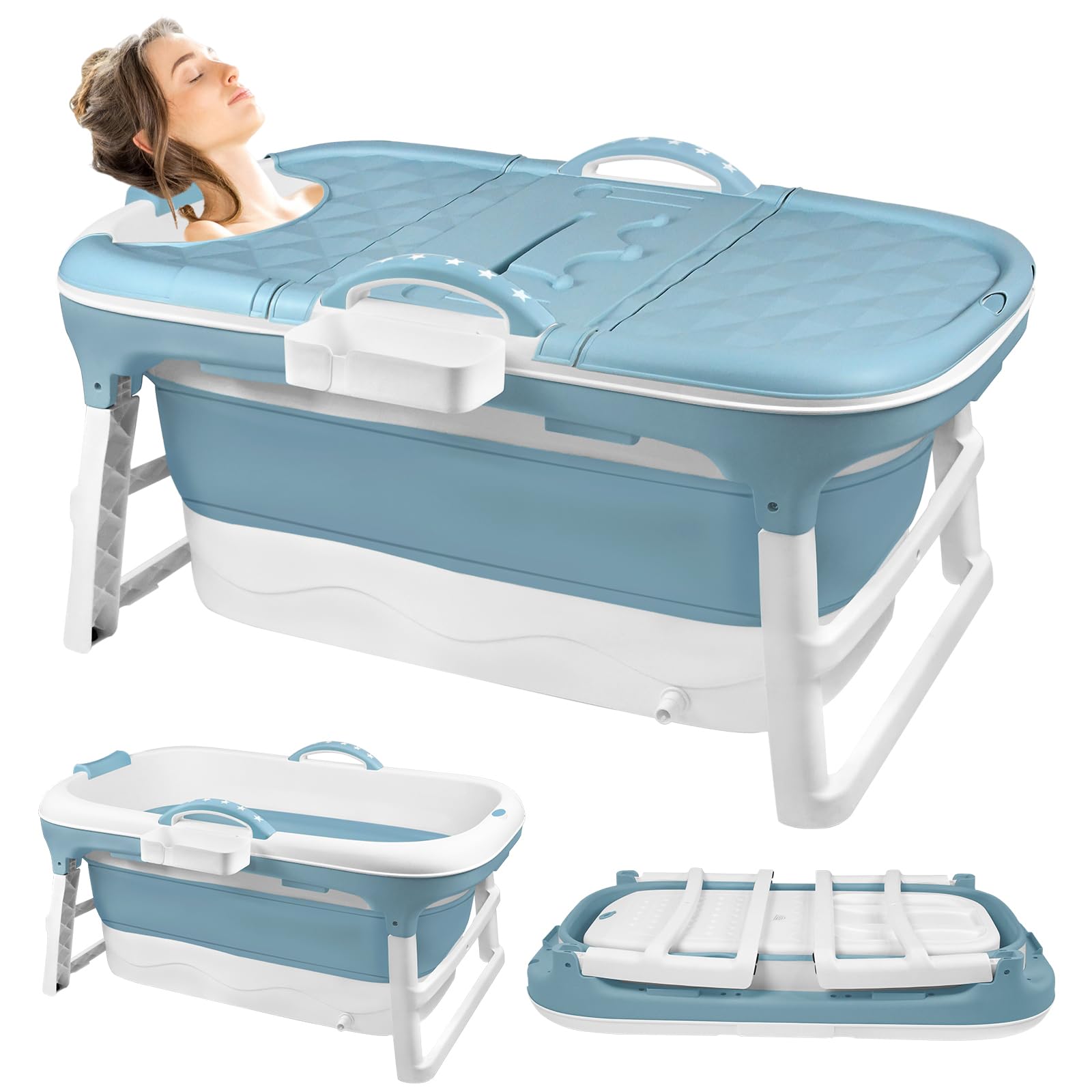 Baignoire Pliable pour Adulte - 128 x 62 x 52 cm - Mobile Avec Couvercle - Panier à Savon Portable - Roulettes de Massage - Idéal pour Petites Salles de Bains