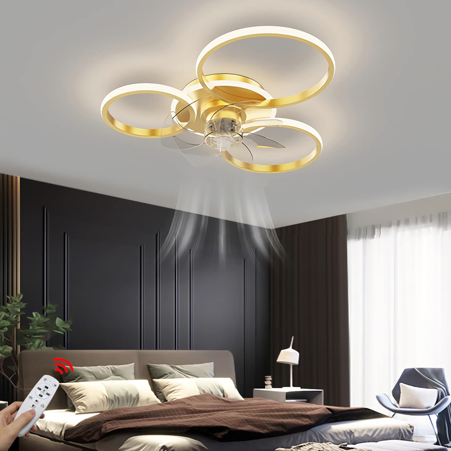 WJYCYN Modern Quiet Ceiling Fan with Lighting LED Living Room Ceiling Light Dimmable with Fan and Remote Control Ultra Thin Ring Fan Lamp for Bedroom Kitchen Children's Room Lights (Gold, 3 Rings)