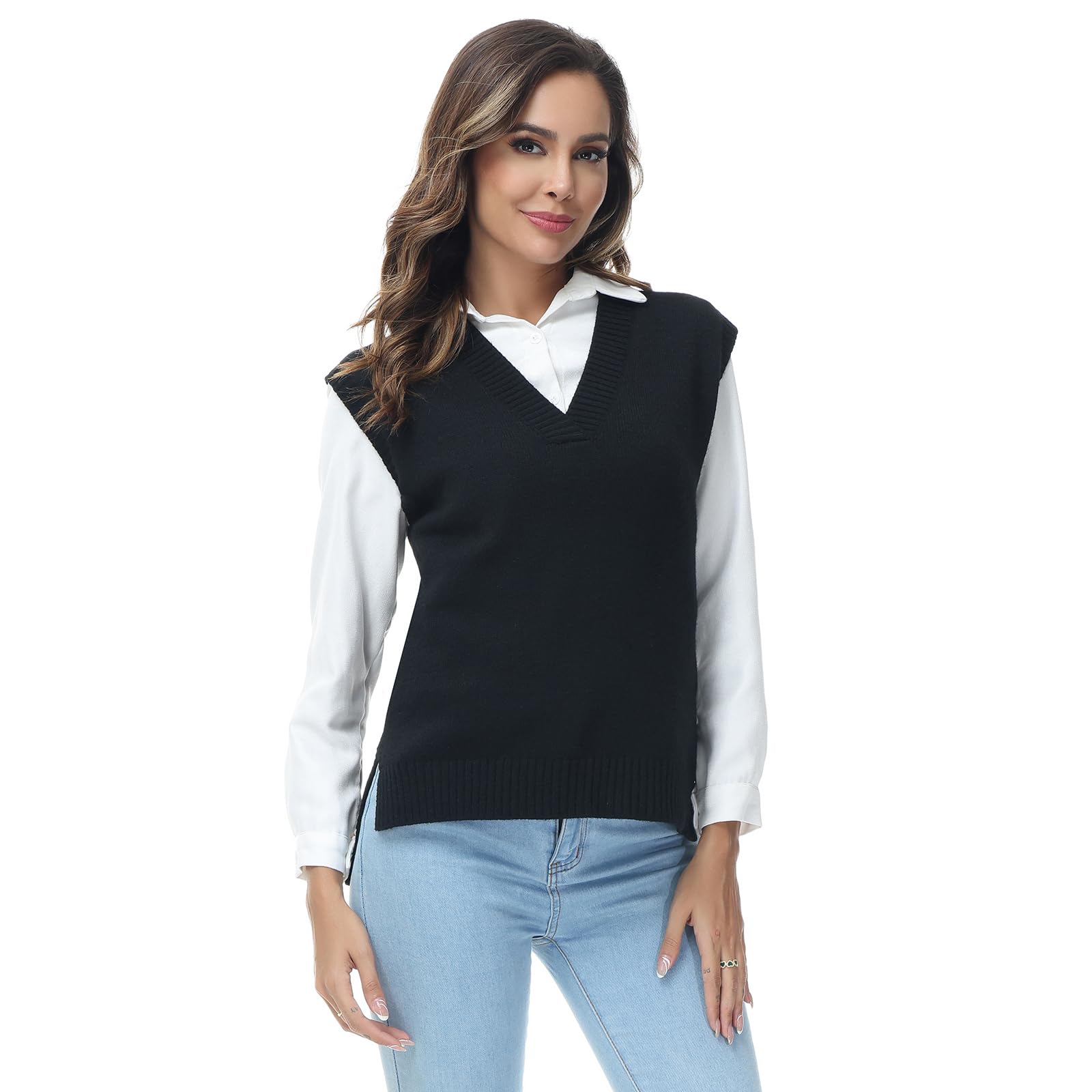 MODFUL Maglia da donna senza maniche con scollo a V, maglione grosso classico