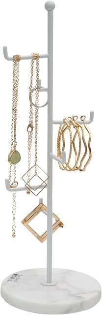Sasha Morel 6 Tier Metal Jewellery Stand | Hanging Jewellery Organiser with Marble Base | Necklace Display Stand Room Decor for Earrings, Rings Organiser Storage & Gifts for Women (White)